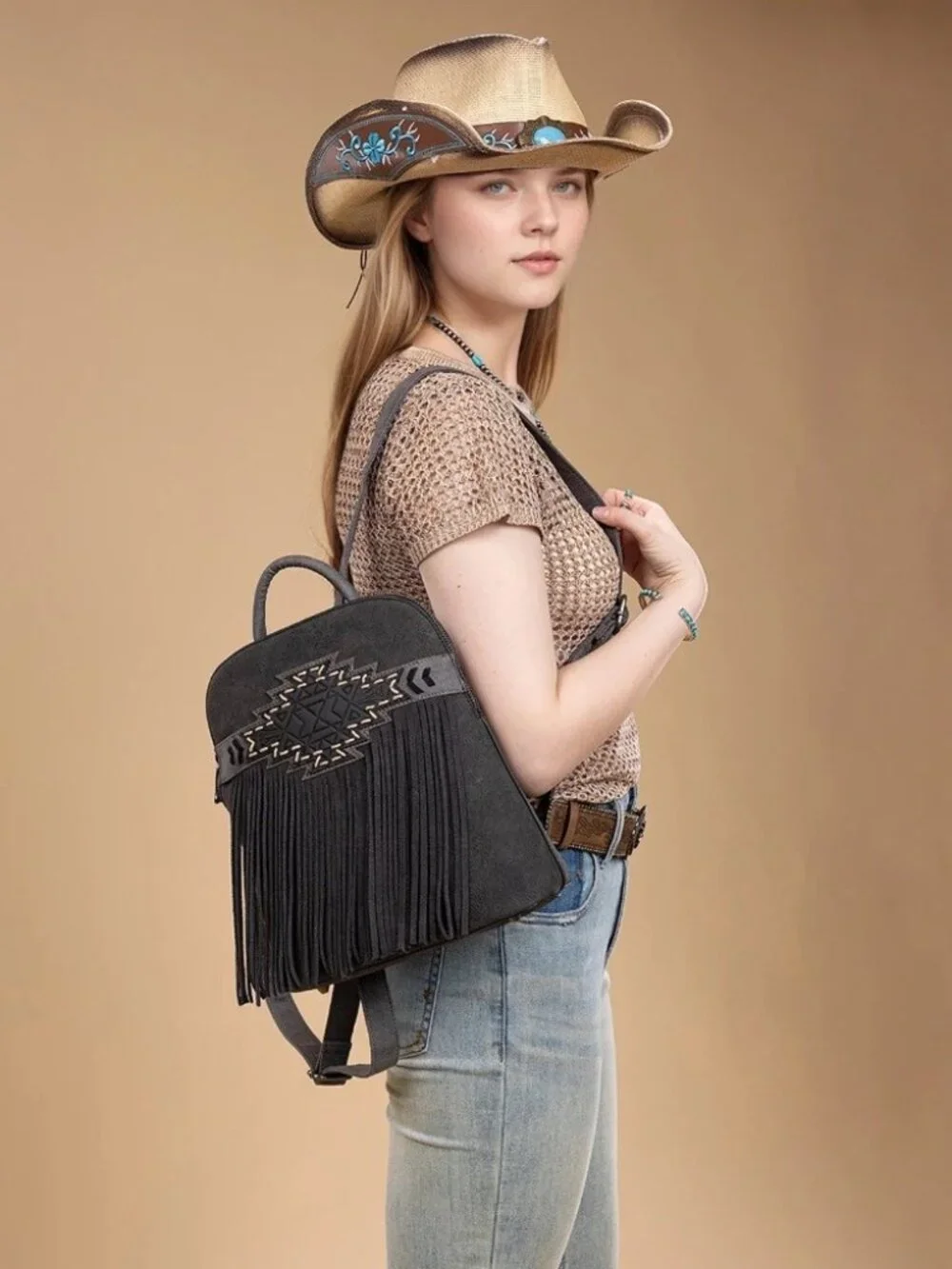 Trinity Ranch Aztec Tooled Fringe Concealed Carry Backpack Black